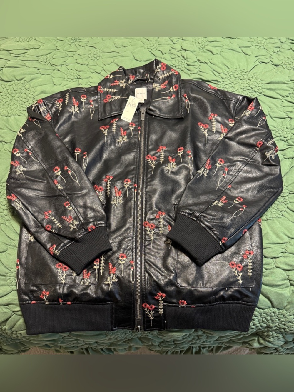 ✨ Anthropologie Faux Leather Floral-Embroidered Bomber Jacket Sz M - Picture 5 of 10